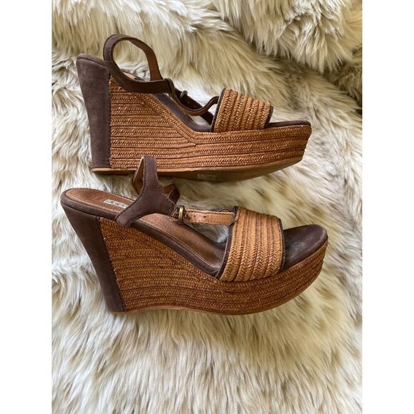 UGG Women's Leather & Woven Straw Wedge Espadrille Sandals Brown Size 7 - Picture 5 of 11